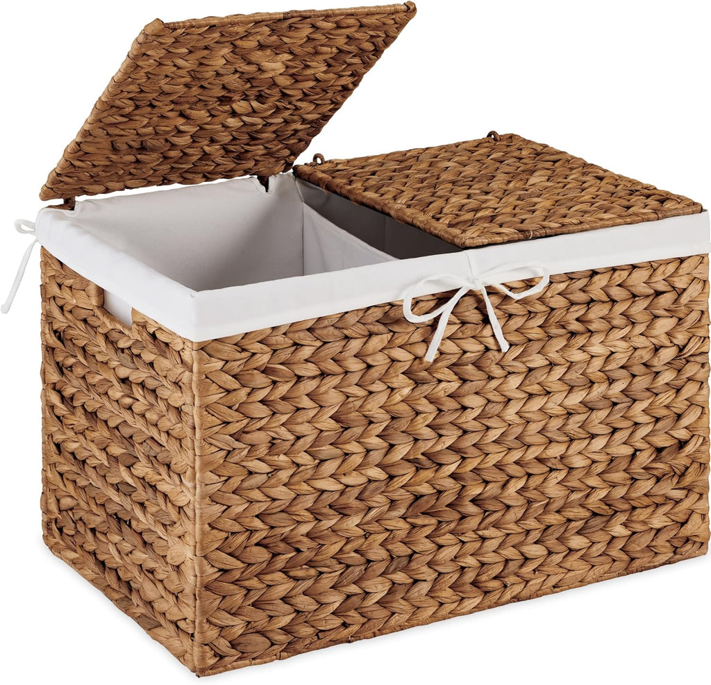Best Choice Products Wicker Storage Basket W/ 2 Separate Lids, Rattan Woven 17.2 Gallon (65L) Basket, Foldable, Removable Washable Liner Bags for Toys, Linens, Blankets, & Laundry - Chestnut