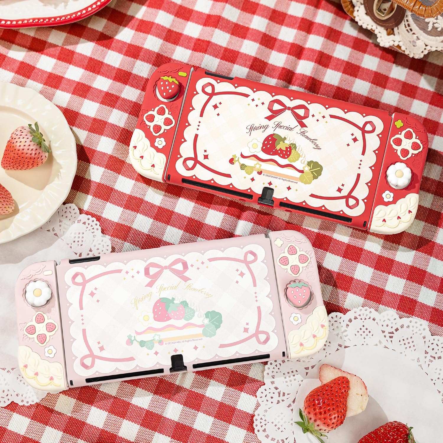 GeekShare Strawberries with Cream Case Compatible with Switch OLED, Soft Silicone Slim Protective Cover with Separable Shell and 2 Thumb Grips (Pink)