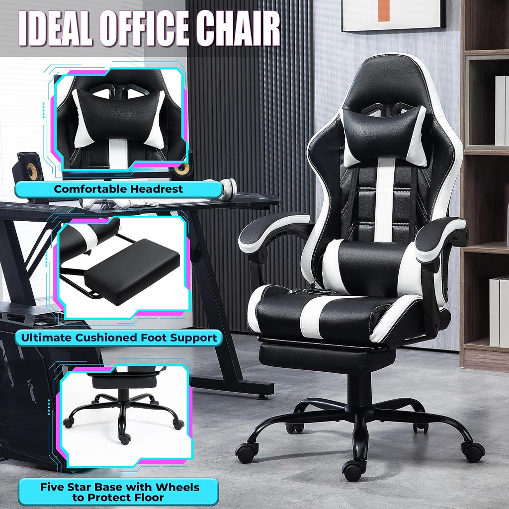 Massage Gaming Chair with Footrest, Ergonomic PU Leather Computer Chair w/Headrest and Lumbar, Height Adjustable, 360° Swivel Desk Office Chair, White