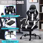 Massage Gaming Chair with Footrest, Ergonomic PU Leather Computer Chair w/Headrest and Lumbar, Height Adjustable, 360° Swivel Desk Office Chair, White