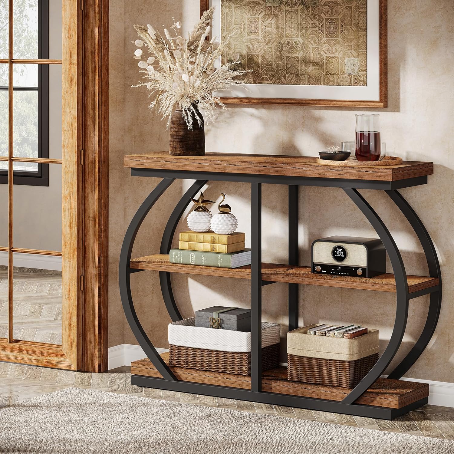 Tribesigns 41.3" Console Table, Industrial 3-Tier Entryway Table with Arched Metal Frame and Storage Shelves for Living Room, Hallway, Mix Brown