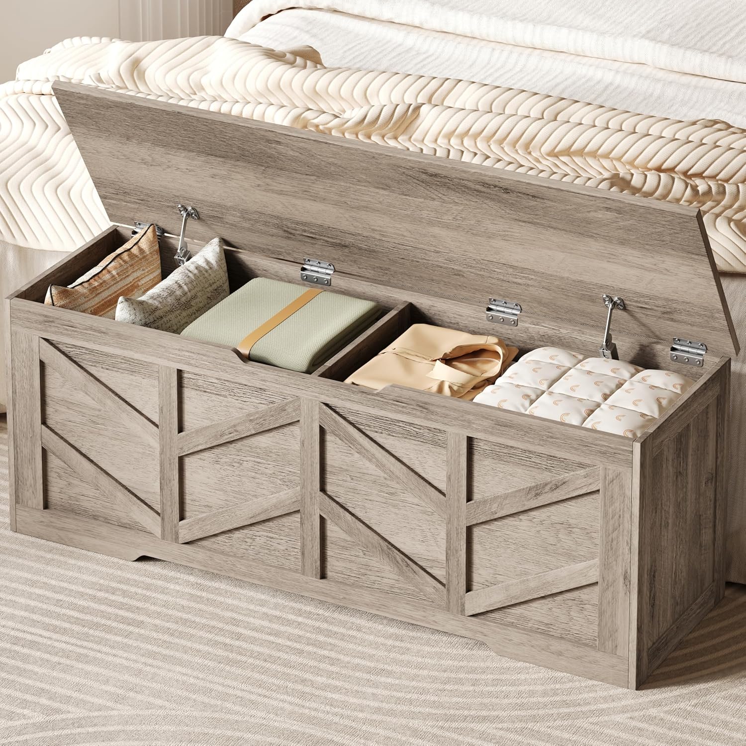 51.2" Storage Chest, Extra Large Storage Bench with 2 Safety Hinges, Storage Trunk Supports 330 lb, Wooden Blanket Storage for Bedroom, livingroom, entryway, Greige