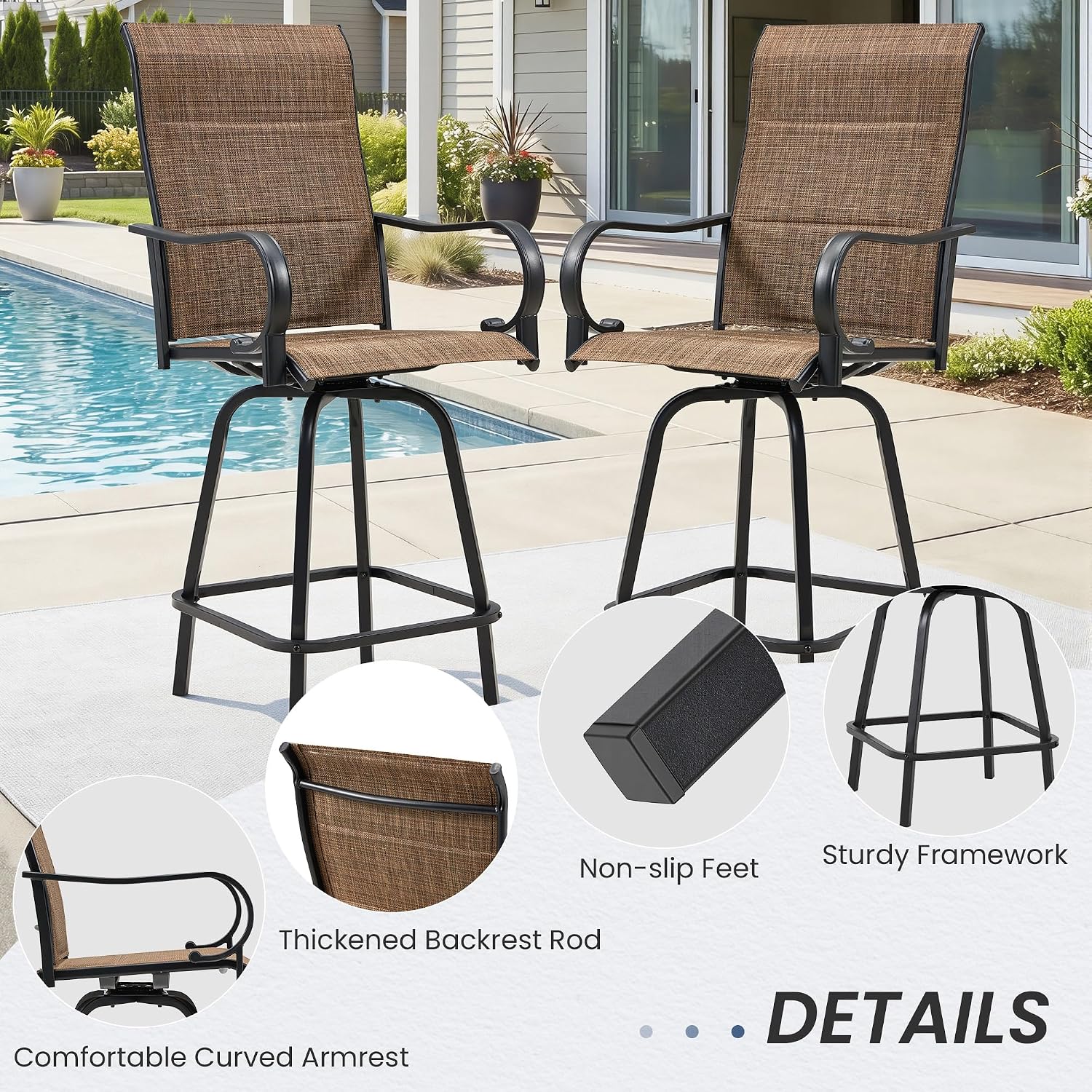 HOMREST Outdoor Swivel Bar Stools Set of 2, High Patio Swivel Bar Chairs with Padded Back & Seat, All-Weather Textilene Tall Patio Chair with Curved Armrest & Metal Footrest for Outside,Dark Brown