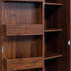 70" Tall Slim Pantry Cabinet with Side Racks & Adjustable Shelves (Walnut) | Space Saving Freestanding Slim Narrow Cabinet Single Door with Shelves & Racks for Kitchen Dining Room Small Spaces