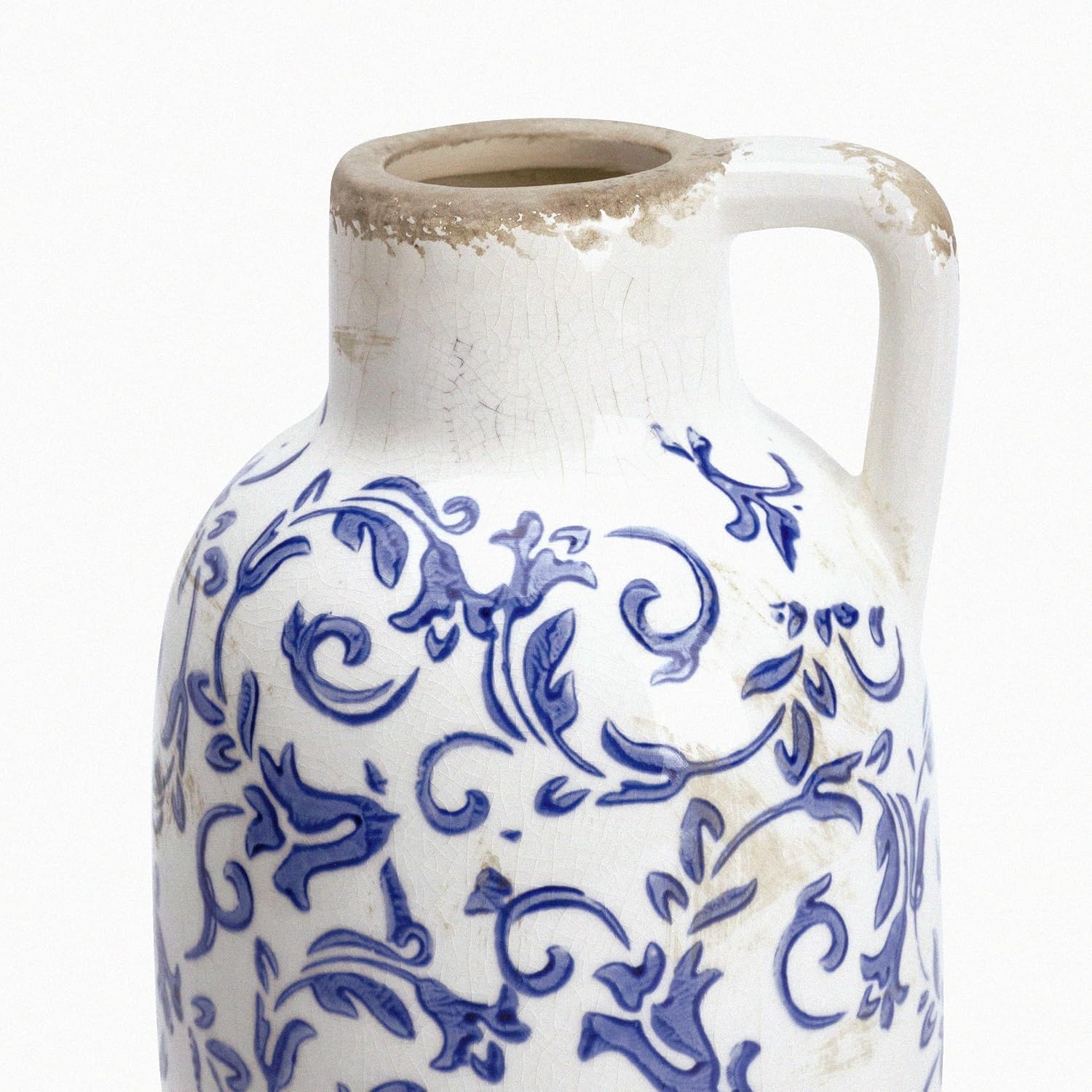 VICTOR & TERESA Blue and White Ceramic Vase for Flowers, Rustic Vase Home Decor for Pampas Grass, Farmhouse Decorative Vases for Mantel, Living Room, Shelf, Centerpieces, 7'', Gifts for Mom