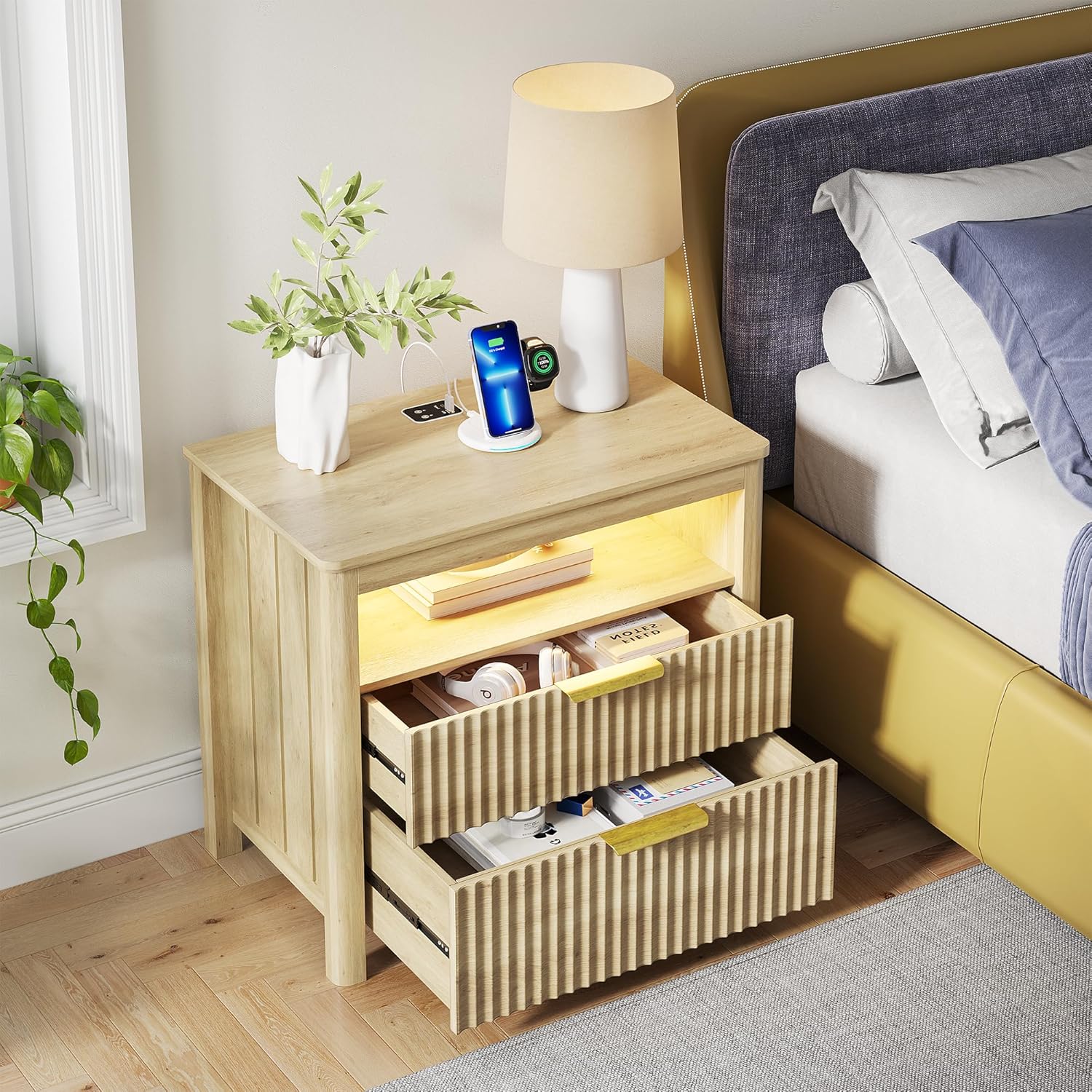 Gurexl 3-Color LED Sensor Nightstand with Gun Drawer, Charge Station, Wood