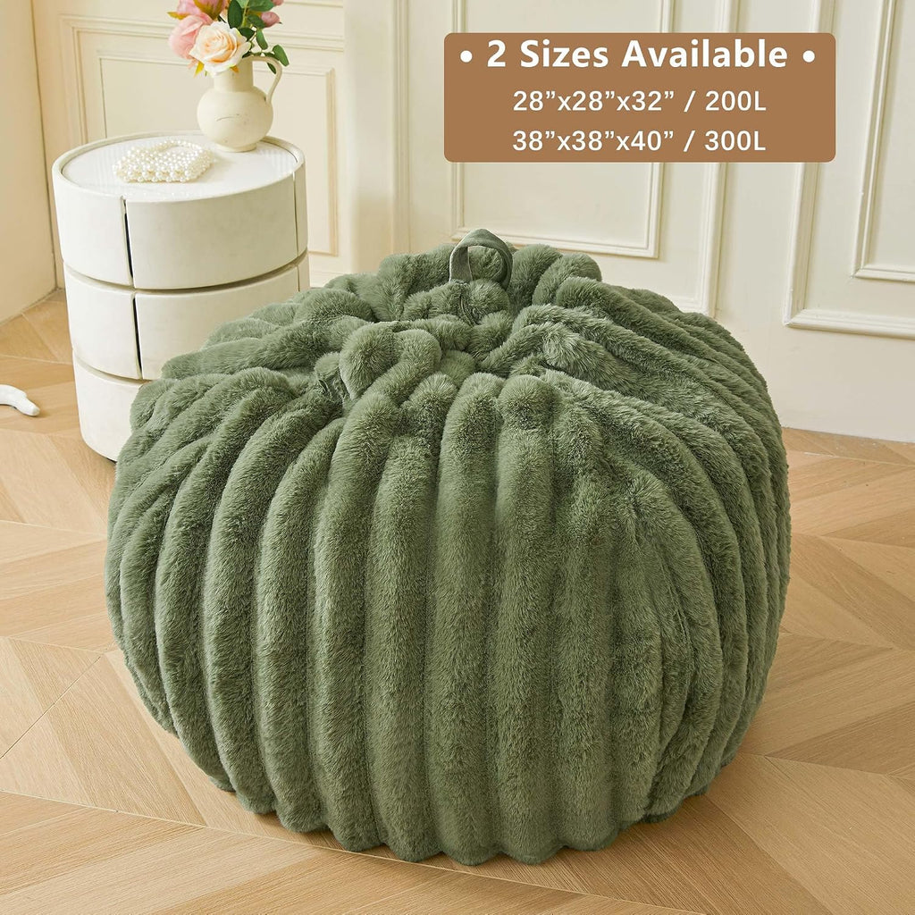 MEGO Kids Fluffy Faux Rabbit Fur Bean Bag Chair Cover(No Filler), Cozy Moss Shaggy Striped Stuffed Animal Storage Bean Bag for Plush Toys, Fuzzy Ribbed Beanbag Cover Kids Girls Teens Adult, Sage Green
