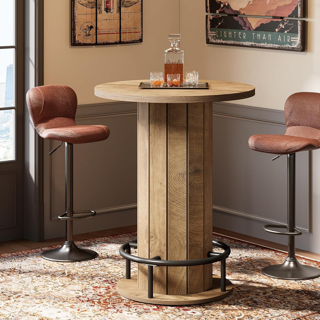 Tribesigns Round Bar Table, 39.4" H Wood Bistro Pub Table with Metal Ring Footrest for Dining Coffee Cocktail Living Room, Small Space, Light Brown (Only Table)