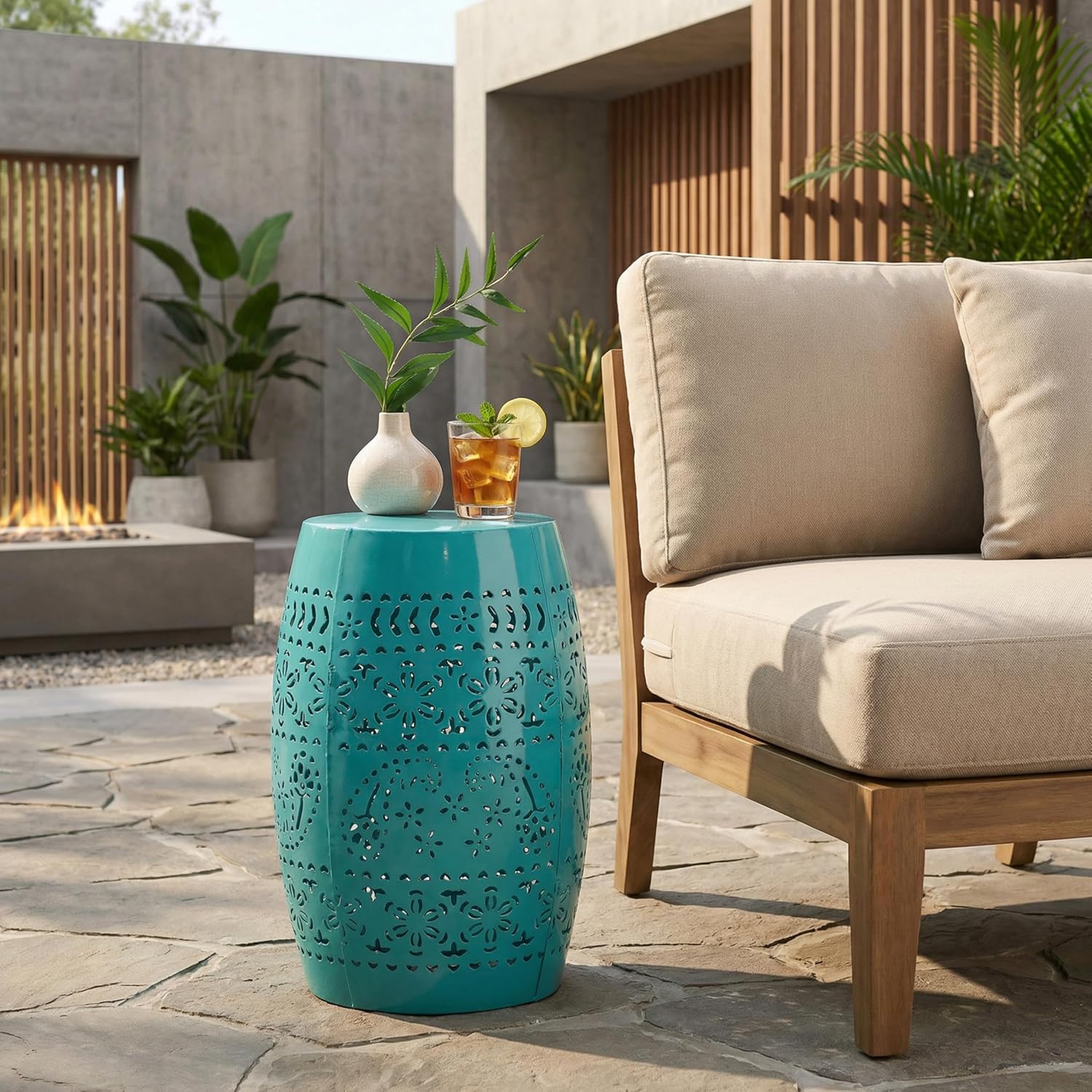 12" Metal Side Table with Floral Cutout for Balcony & Patio: 50 lbs Capacity, Rust-Resistant Teal Finish - No Assembly Required for Instant Decor Upgrade