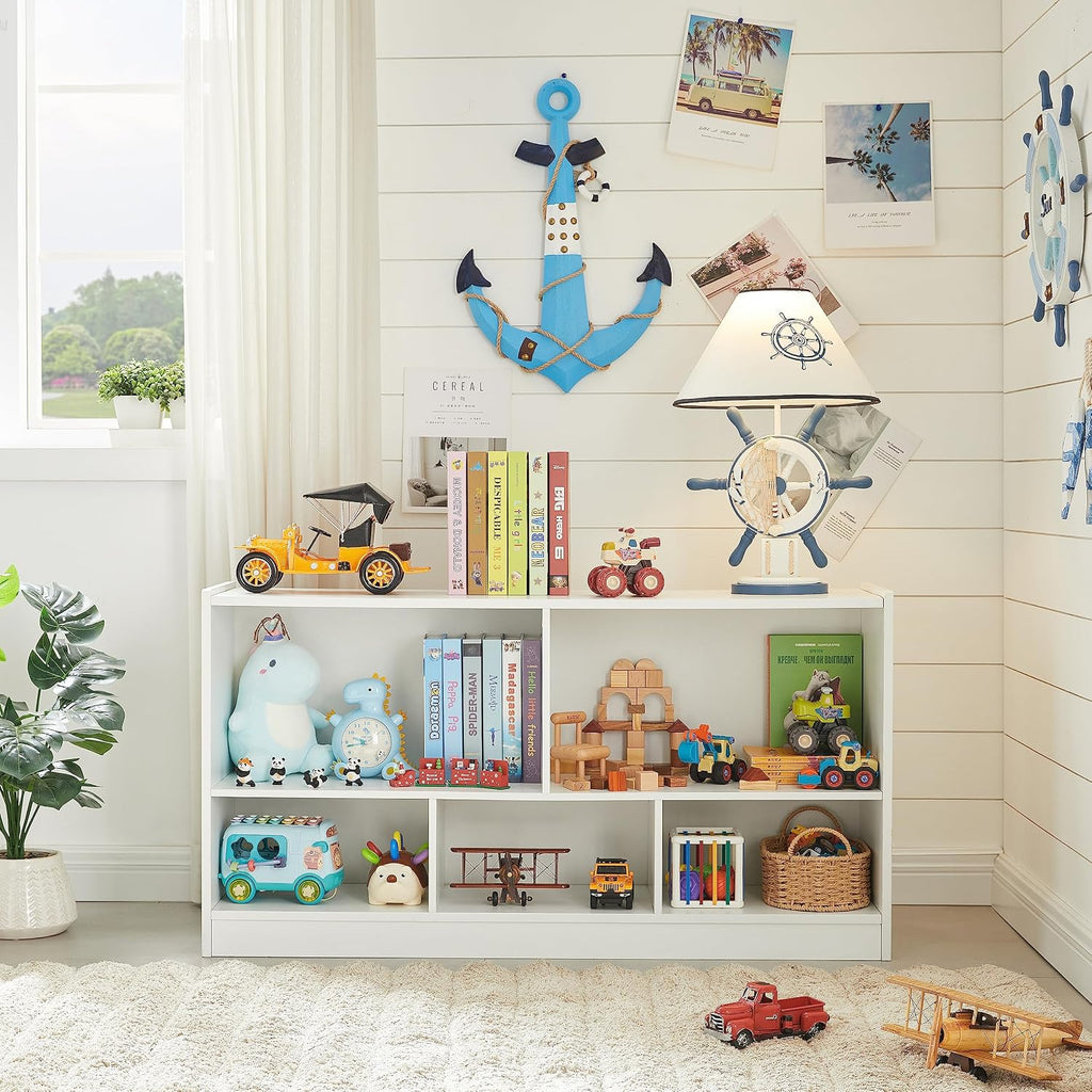 Kids Toy Storage Organizer, 5-Section Storage Cabinet for Organizing Books Toys, Wooden Bookshelf Daycare Furniture for School, Classroom Playroom, Nursery, Kindergarten (White)