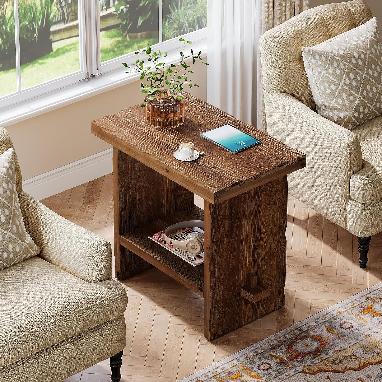 Solid Wood Side Table, 2-Tier End Table with Solid Base, Accent Furniture Bedside Nightstand Storage for Living Room and Bedroom, Small Spaces, Assembly Required