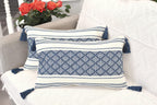 Decorative Boho Lumbar Pillow Covers with Tassels Navy Blue Off White, 12x20 inch -Set of 2 / Small Rectangle Cushion Covers for Couch Sofa/ Farmhouse Woven Pillow Cases/ Accent Chair Pillow Covers