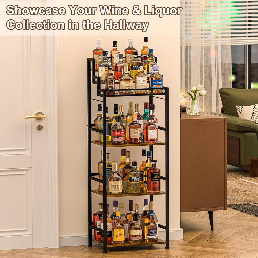 6-Tier Liquor Cabinet for Home Bar, Freestanding Stepped Wine Rack with Open Shelves for Whiskey & Coffee Syrup Storage, Corner Display Stand for Alcohol Bottle, Bar Cart Style for Living Room Kitchen