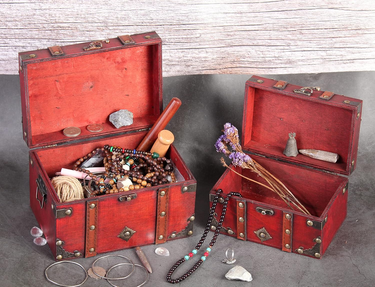 Vintage Trunk Set of 2 Wooden Treasure Chest Boxes Witchcraft Supplies Kit Witch Box Decorative Storage Chest Box with Lock Handcrafted Decorative Boxes with Lids Stackable Storage Chests Large