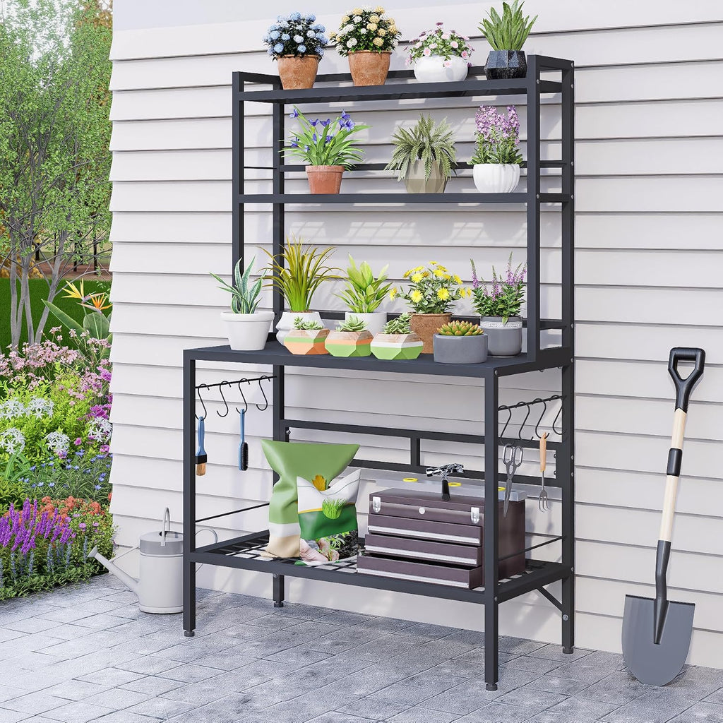 Outdoor Potting Bench Table with Storage, 63" Tall Metal Garden Workstation, 4-Tier Plant Stand Shelves with 8 Hooks, Heavy Duty All-Weather Potting Table for Patio, Backyard, Balcony, Gray