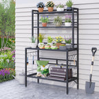 Outdoor Potting Bench Table with Storage, 63" Tall Metal Garden Workstation, 4-Tier Plant Stand Shelves with 8 Hooks, Heavy Duty All-Weather Potting Table for Patio, Backyard, Balcony, Gray