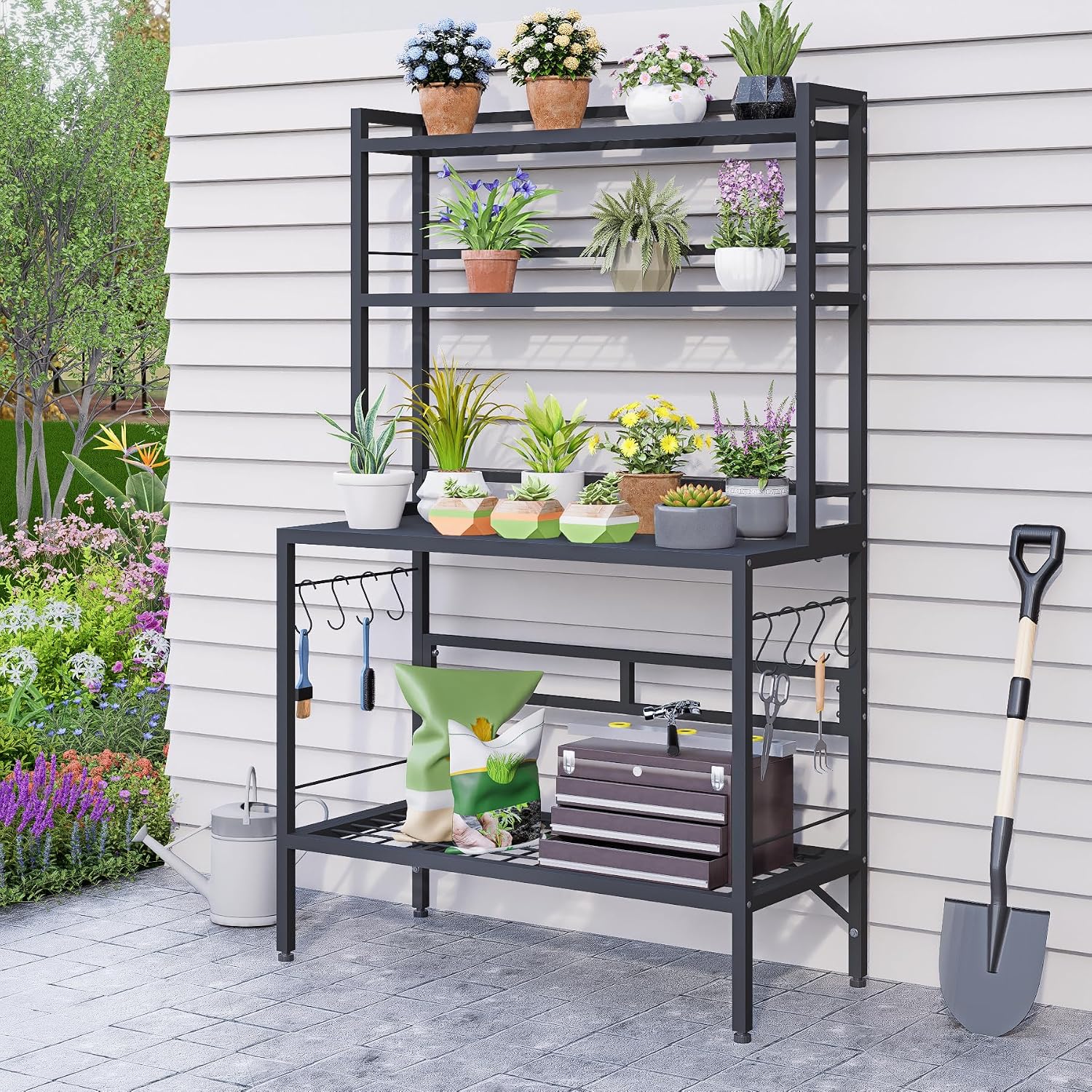 Outdoor Potting Bench Table with Storage, 63" Tall Metal Garden Workstation, 4-Tier Plant Stand Shelves with 8 Hooks, Heavy Duty All-Weather Potting Table for Patio, Backyard, Balcony, Gray
