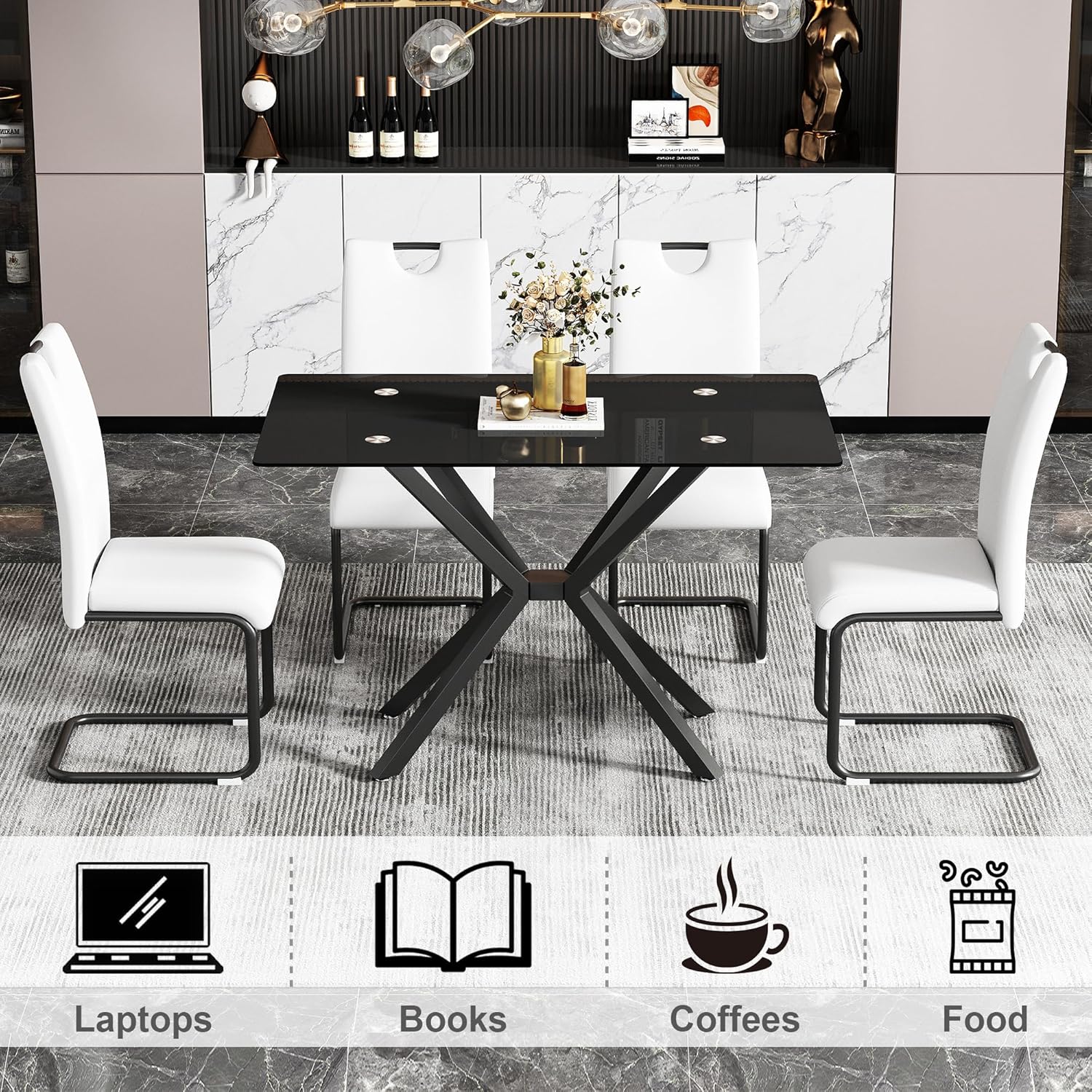 47.24 Inch Rectangular Glass Dining Table Modern Kitchen Glass Top Table for 4 with Black Metal Legs, Clear Dining Table Kitchen Table for Home Office Dining Room