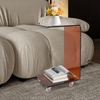Acrylic End Table, C-Shaped Side Table Nightstand with 4 Wheels, Movable Small Side Table Laptop Desk for School Office Home Bedroom, 13.38" D x 14.17" W x 21.65" H (Tea)