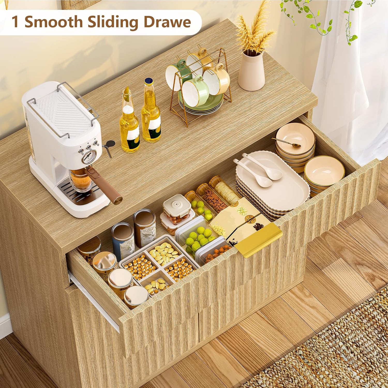 Buffet Sideboard Cabinet with Storage, 31.5" Buffet Table Coffee Bar Wine Bar Storage Cabinet with Adjustable Shelf for Living Room, Kitchen, Natural