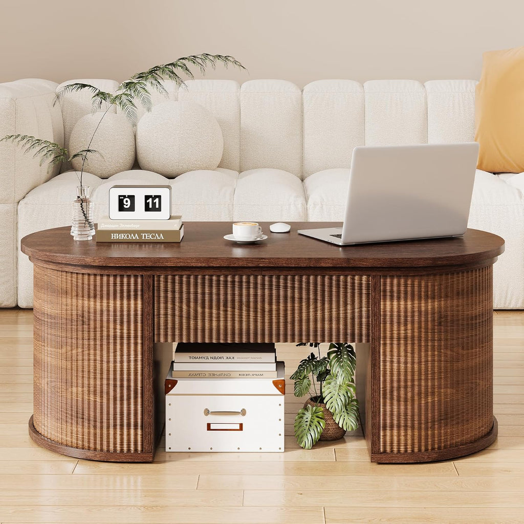 Fluted Lift Top Coffee Table with Storage, Oval Living Room Center Table with Hidden Compartment, Modern Mid-Century Wood Coffee Table for Small Spaces, Home Office, Walnut
