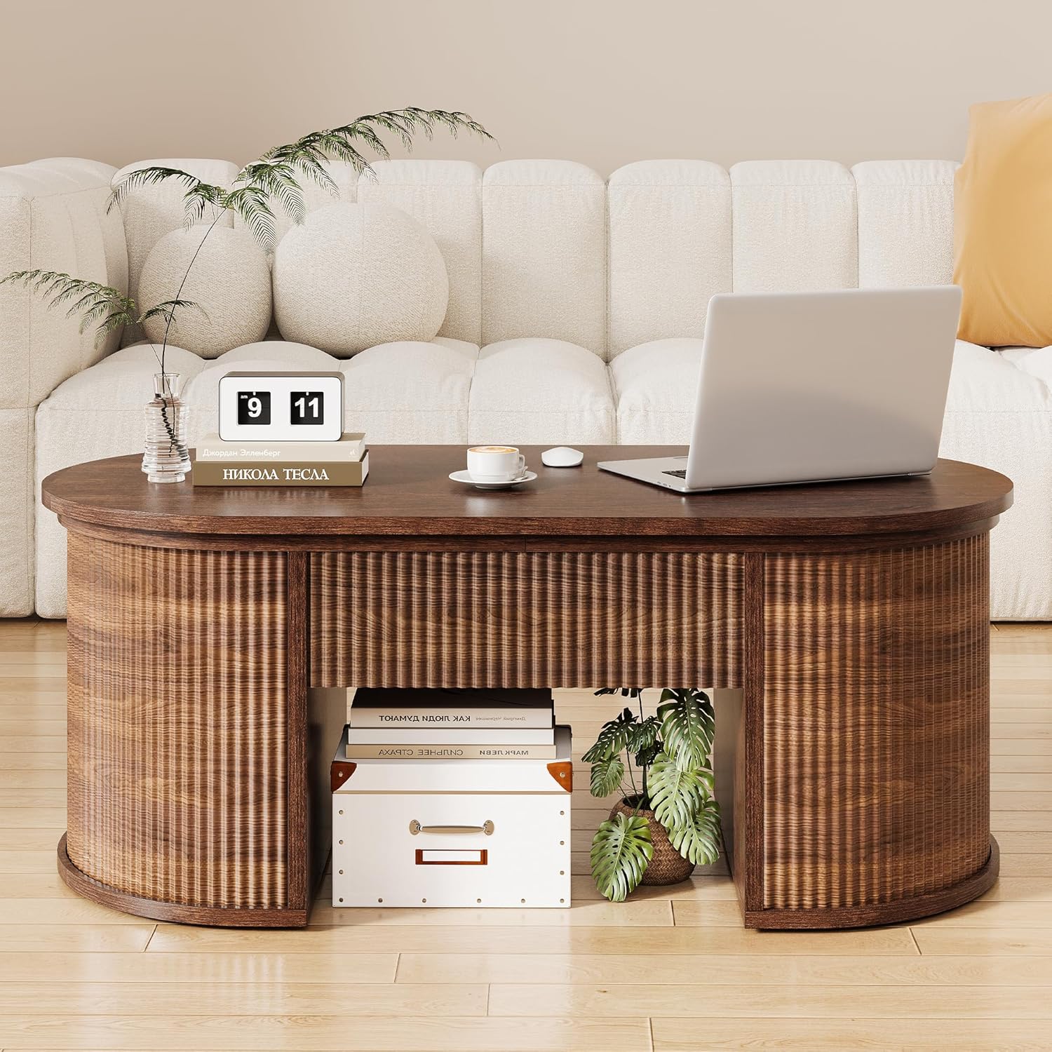 Fluted Lift Top Coffee Table with Storage, Oval Living Room Center Table with Hidden Compartment, Modern Mid-Century Wood Coffee Table for Small Spaces, Home Office, Walnut