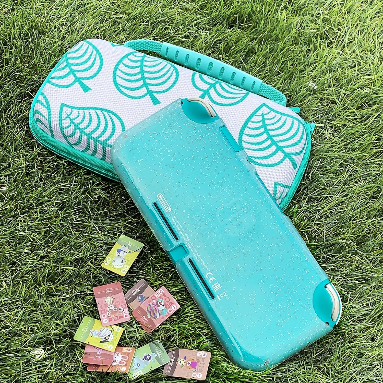 TIKOdirect Carrying Case for Switch lite, Shockproof Portable Travel Bag with Glitter Galaxy cover, Screen Protectors and Cute Leaf Thumb Grips Caps, Animal Crossing Green
