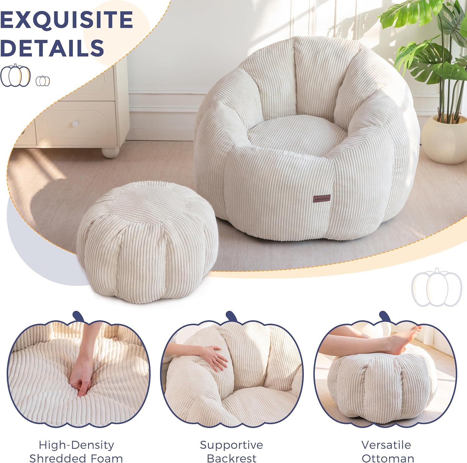 MAXYOYO Bean Bag Chair with Ottoman, Giant Pumpkin Lounge Chair for Adults | Oversized Bean Bag Chair with Footstool, Comfy and Lazy Lounge Boneless Chair for Dorm, Living Room, Bedroom, Beige