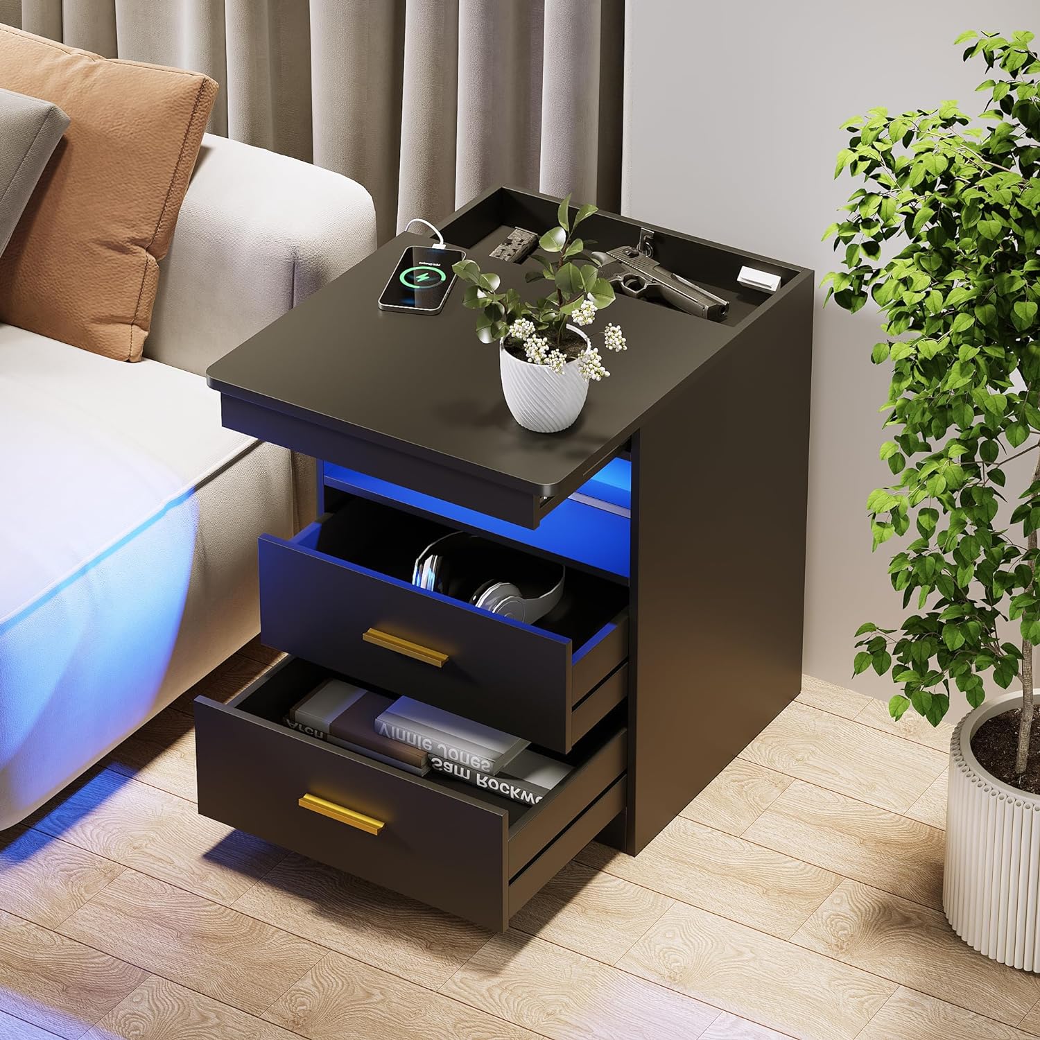 Night Stand with Gun Drawer, Charging Bedside Table with USB & Type-C Port, LED Nightstand with Human Sensor Light, Modern End Table with Drawers for Bedroom Office, Black