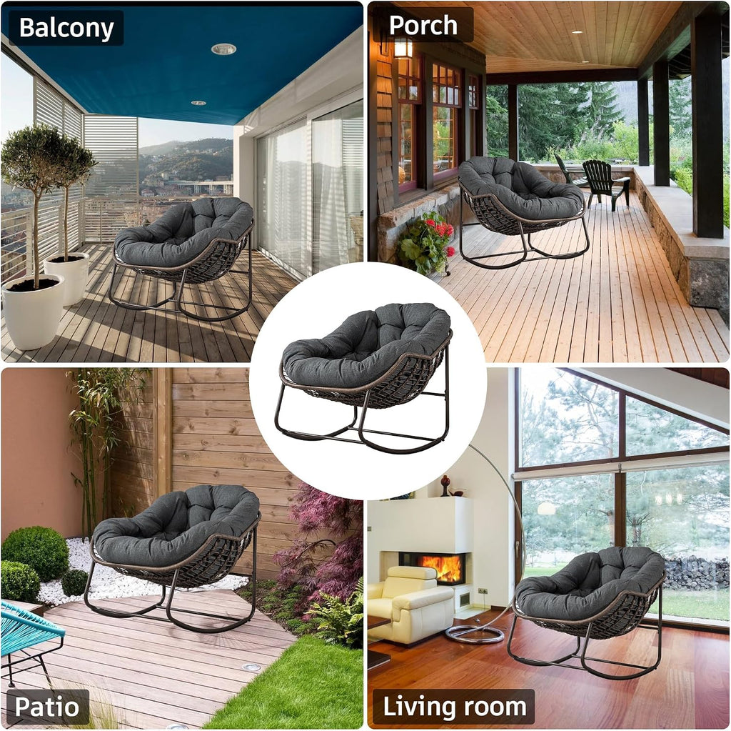 Outdoor Patio Rocking Chair, Oversized Papasan Chair with Cushion and Frame, Comfy Rattan Wicker Egg Chairs Indoor, Modern Lounge Rocker for Front Porch Living Room Bedroom (Dark Grey, Set of 1)