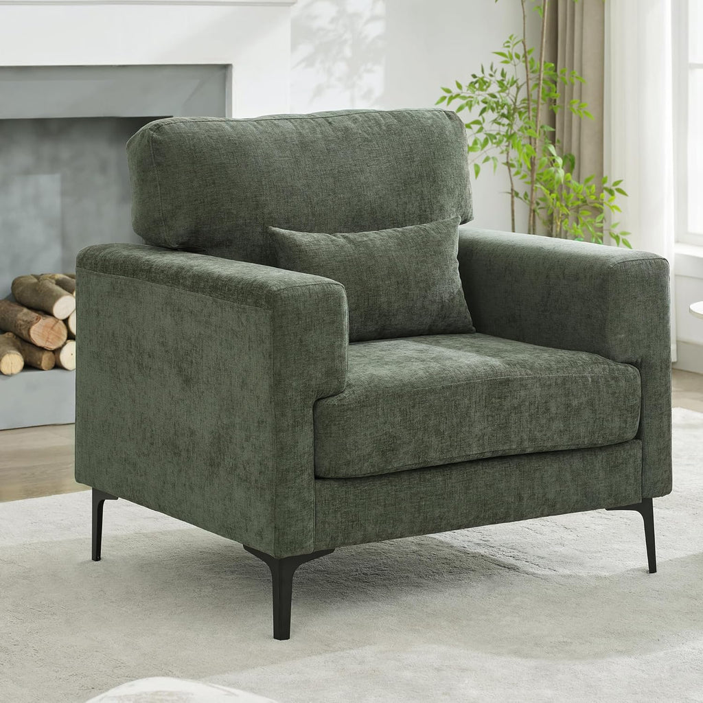 Oversized Accent Chair with Metal Legs,Comfy Armchair and a Half,Modern Century Single Sofa Extra Large Reading Club Chair for Bedroom,Living Room,and Apartment,Chenille,Green