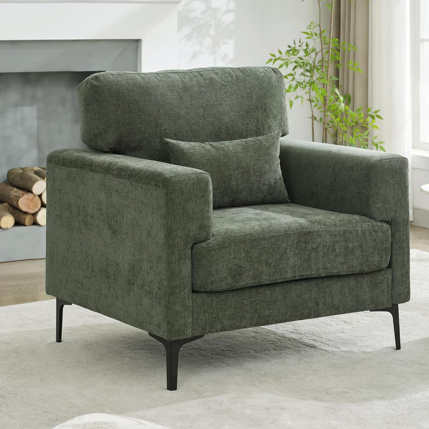 Oversized Accent Chair with Metal Legs,Comfy Armchair and a Half,Modern Century Single Sofa Extra Large Reading Club Chair for Bedroom,Living Room,and Apartment,Chenille,Green