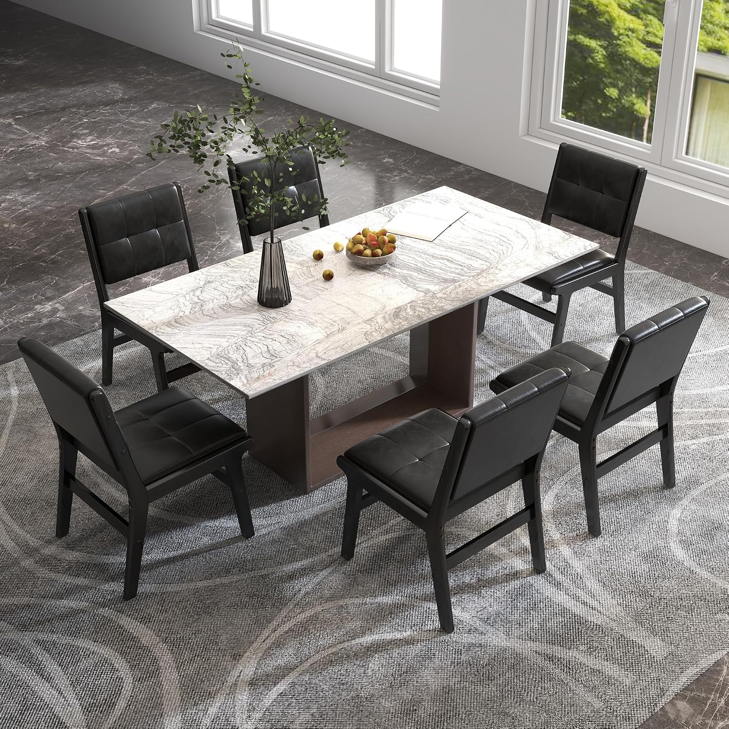 civama Faux Leather Dining Chairs Set of 6, Dining Room Armless Kitchen Chairs with Comfy Back, Solid Wood Frame & Upholstered Cushion for Living Room, Cafe and Restaurant, Black