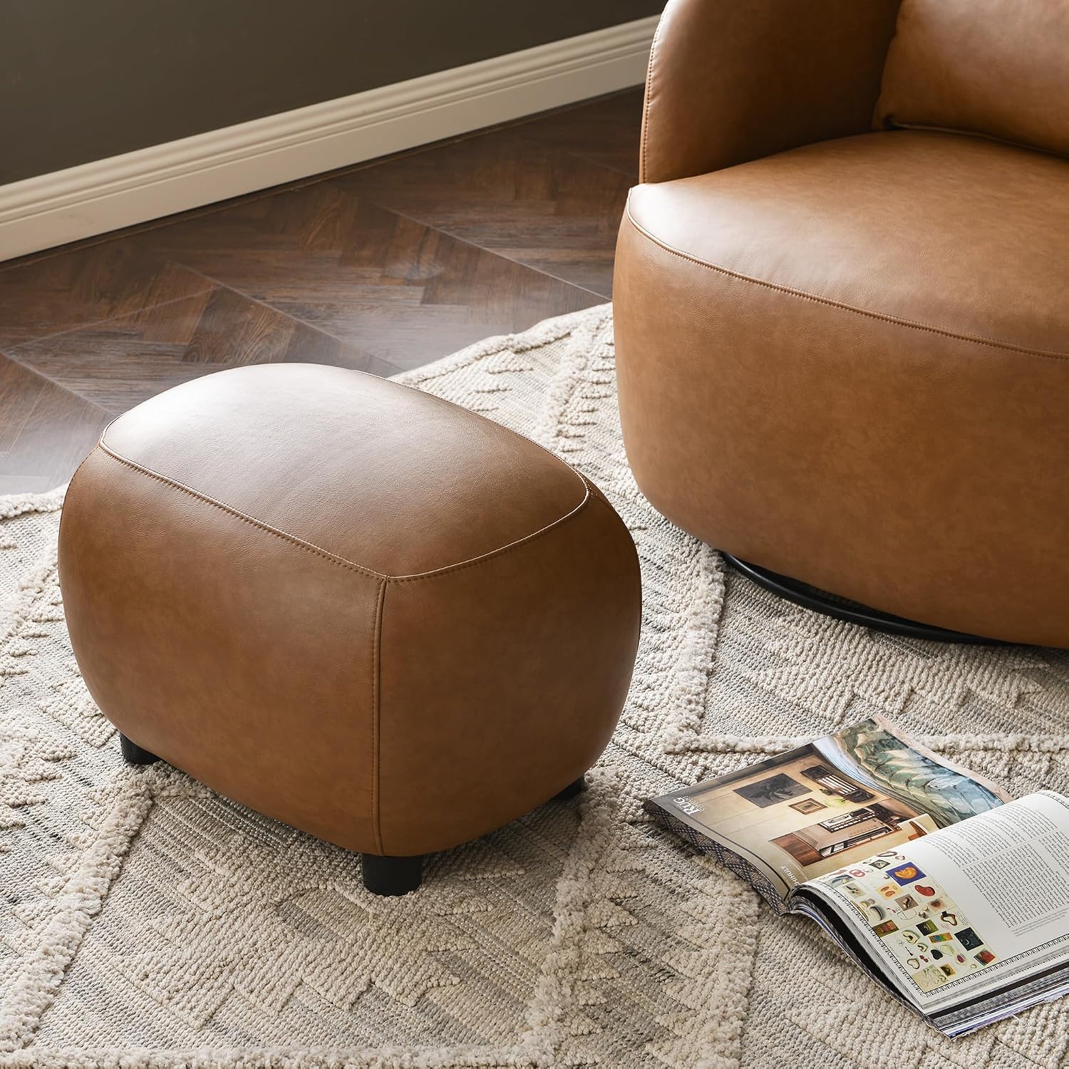 KINWELL 23" Wide Faux Leather Upholstered Ottoman, Mid-Century Modern Living Room Footrest with Soft Padded Seat, Footstool for Bedroom, Entryway or Living Room, Camel
