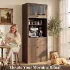 71''Tall Kitchen Pantry Cabinet with Oversized Microwave Shelf & Coffee Station-Tall Extra Deep Storage Hutch, Fluted Acrylic Doors,Adjustable Shelves,Drawers, Anti-Tip,Walnut