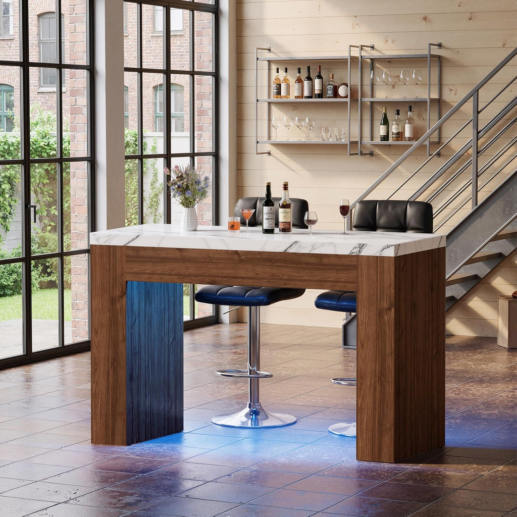 PAKASEPT 55" LED Bar Table with Smart RGB Lights,Faux Marble Counter Height Pub Dining Table,High Top Kitchen Island Table with Music Sync & Timer for Parties, Gatherings & Daily Use,White & Brown
