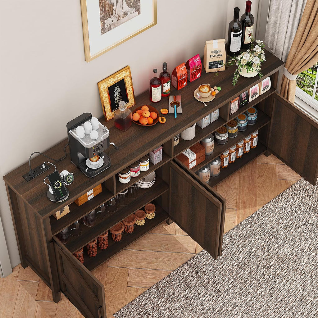knoworld Buffet Sideboard with Storage Farmhouse with 4 Doors, 55'' Large Kitchen Storage Cabinet Wood Coffee Bar Buffet Table for Kitchen, Dining Room (Brown with Power Outlets & LED Light, 63in)