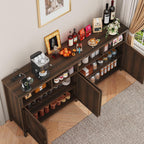 knoworld Buffet Sideboard with Storage Farmhouse with 4 Doors, 55'' Large Kitchen Storage Cabinet Wood Coffee Bar Buffet Table for Kitchen, Dining Room (Brown with Power Outlets & LED Light, 63in)