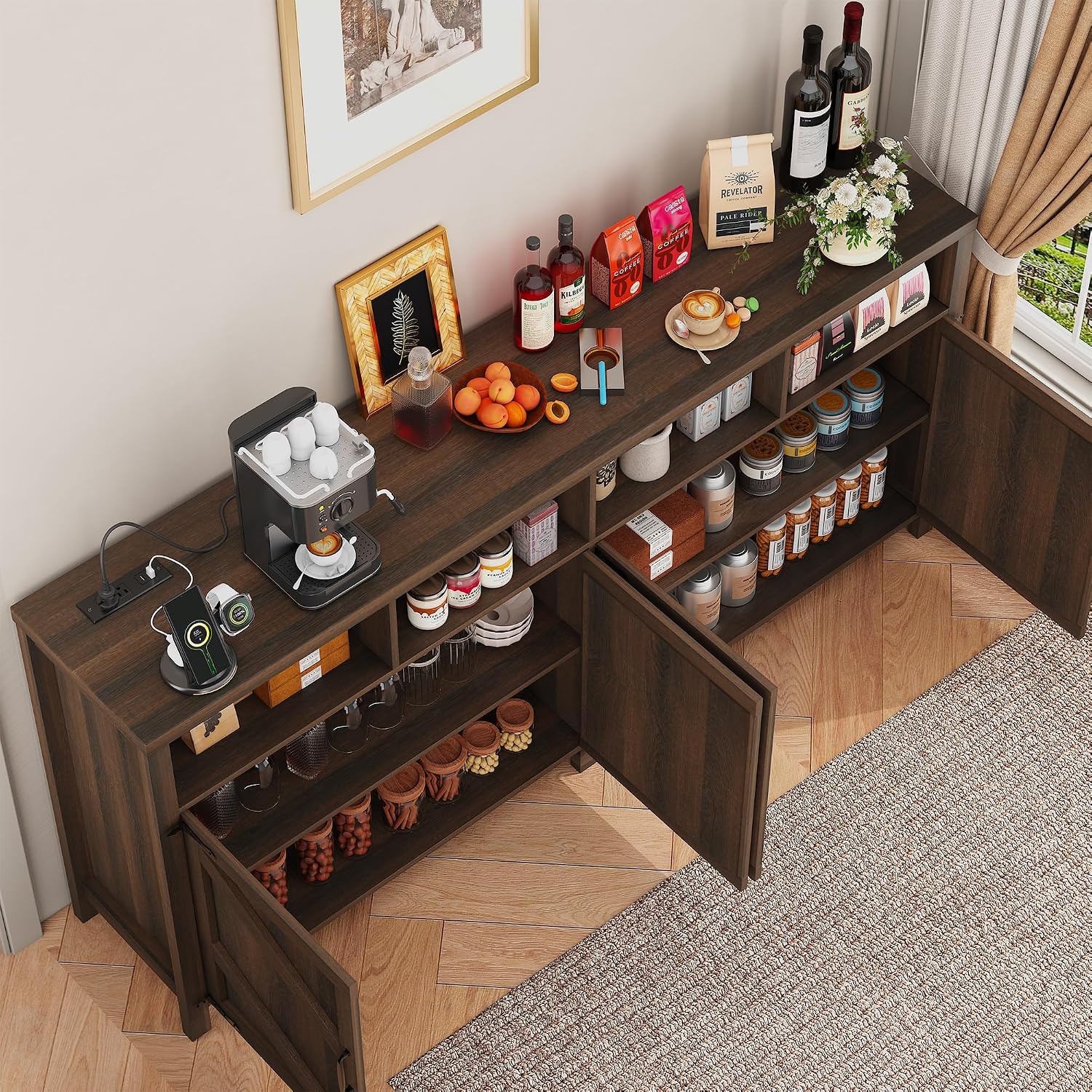 knoworld Buffet Sideboard with Storage Farmhouse with 4 Doors, 55'' Large Kitchen Storage Cabinet Wood Coffee Bar Buffet Table for Kitchen, Dining Room (Brown with Power Outlets & LED Light, 63in)
