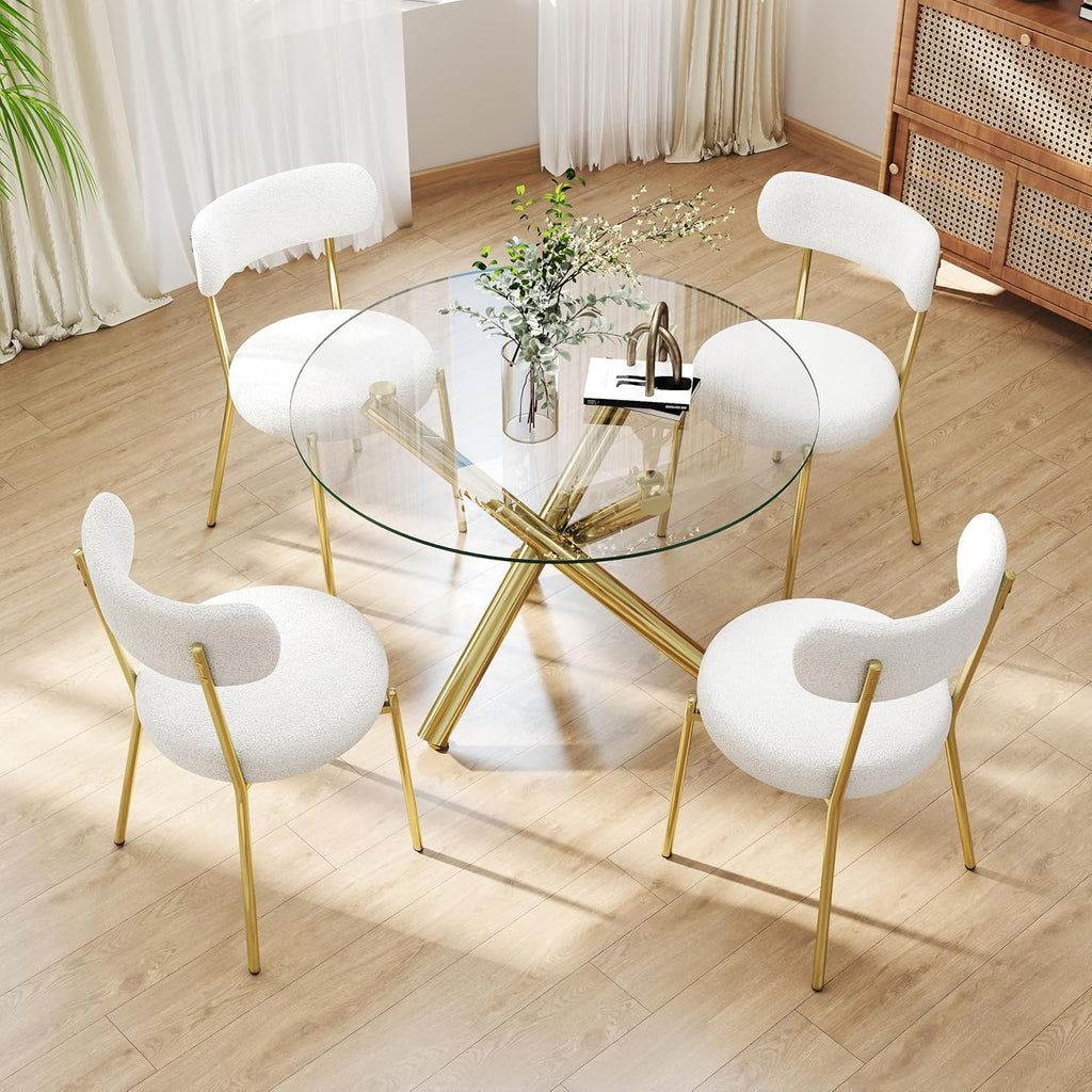 Gold Round Glass Dining Table Set for 4, 36'' Small Modern Kitchen Table Set with 4 White Gold Boucle Upholstered Dining Chairs, 5 Piece Luxury Dining Room Set, Easy Assemble