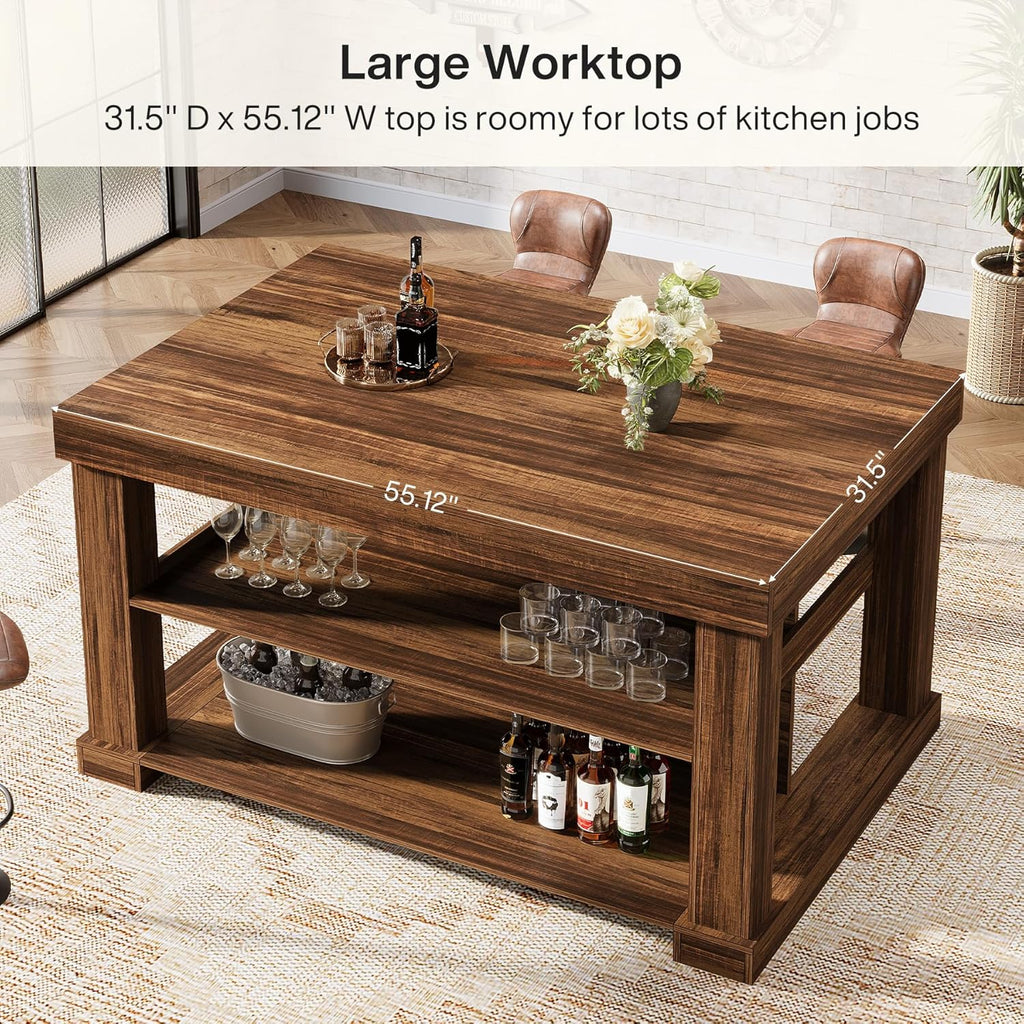 Tribesigns Bar Table, 55-Inch Counter Height Pub Table with Storage Shelves, High Top Kitchen Dining Table, Rectangle Wood Home Bar Unit for Dining Room, Bistro, Dark Brown