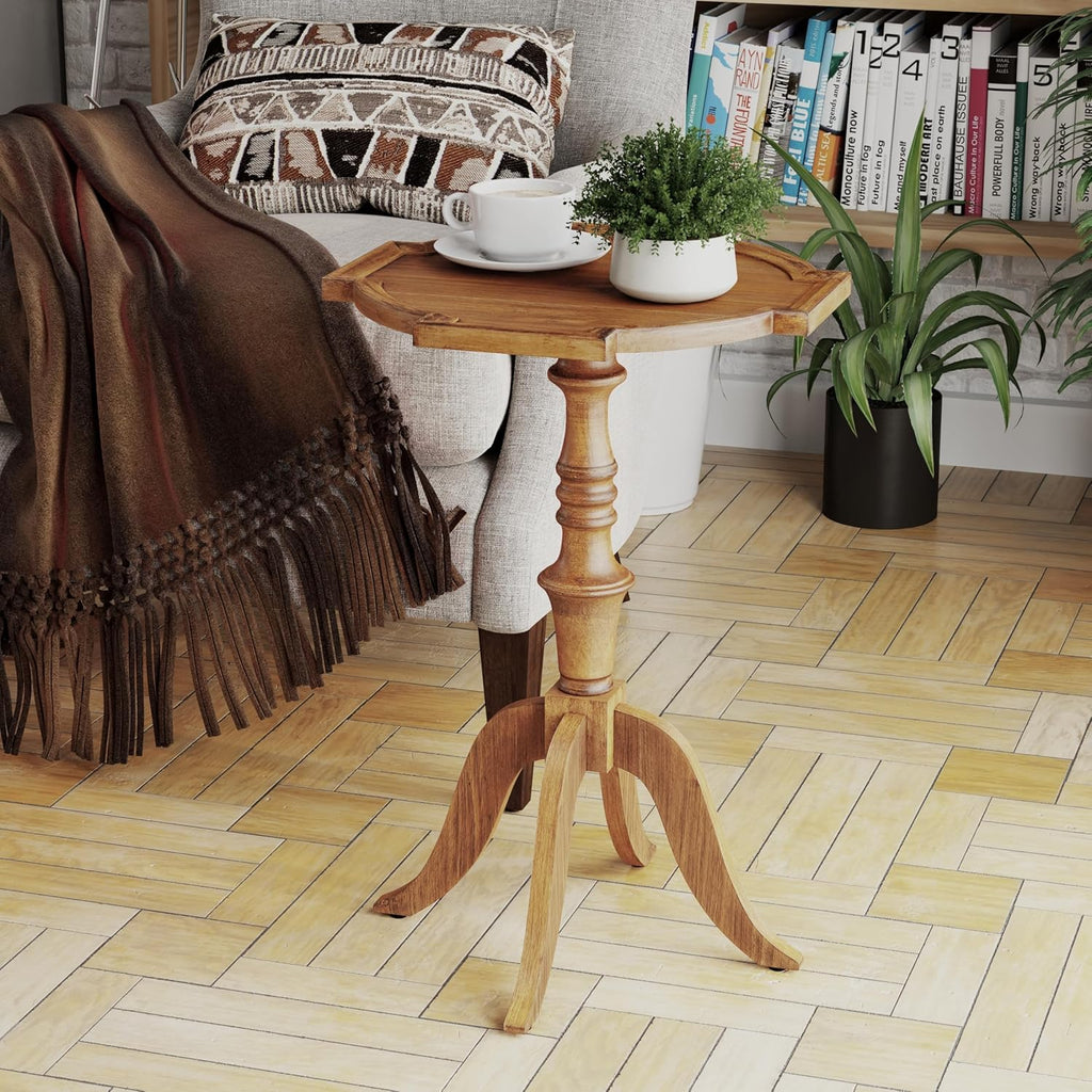 COZAYH Rustic Pedestal End Table, Distressed Farmhouse Side Table with Unique Tray-Style Wooden, Accent End Table for Bedroom, Living Room, Entryway, Brown