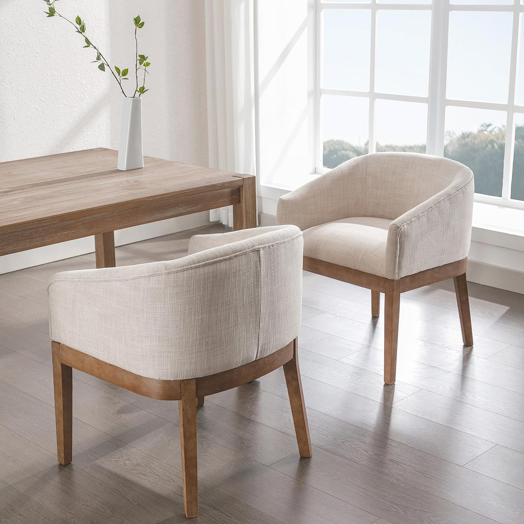 RIVOVA Mid-Century Modern Beige Dining Chairs Set of 8, Linen Upholstered Kitchen Dining Room Chairs with Natural Wood Legs, Curved Backrest Armchairs, Beige