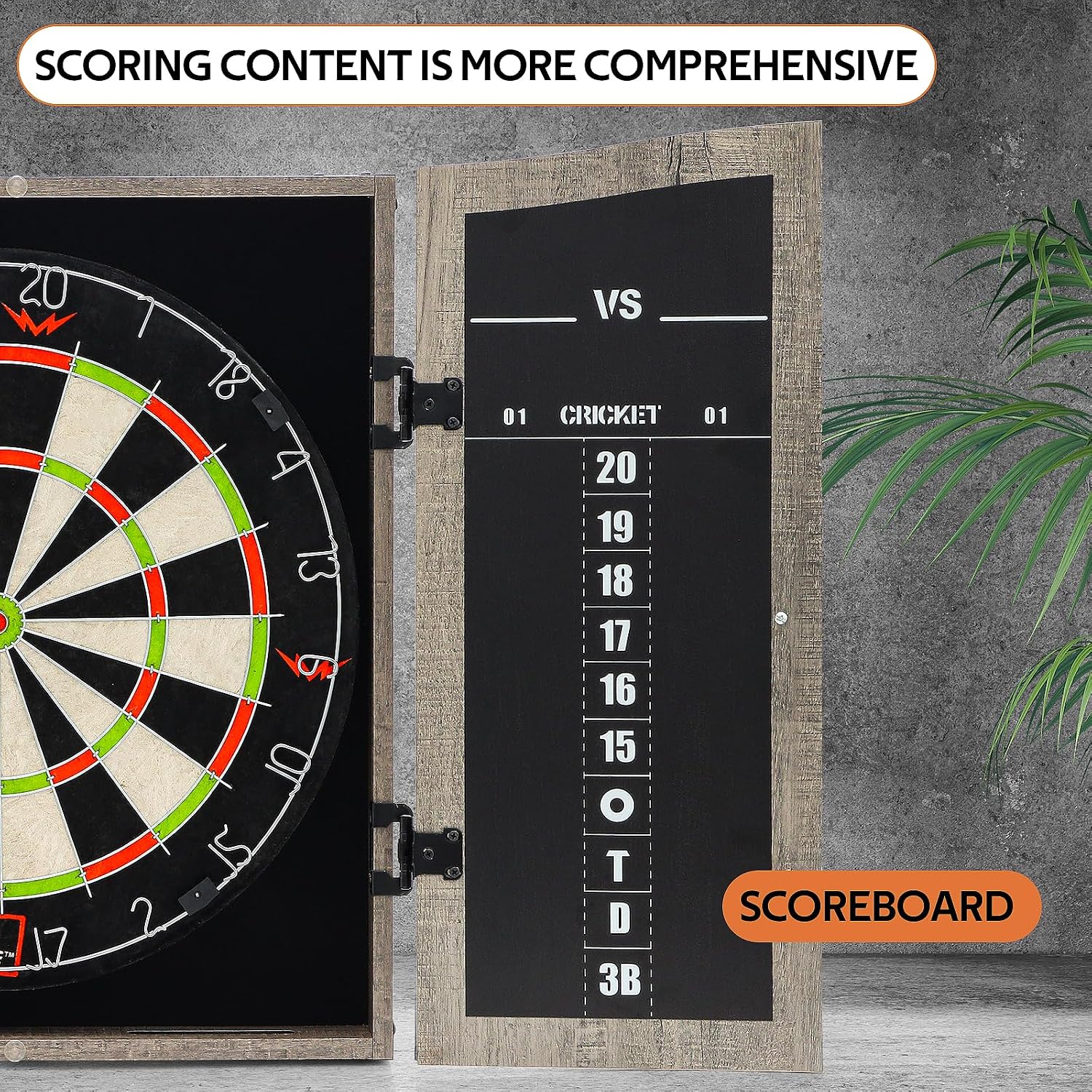 Dartboard Cabinet Set with 18" Bristle Dartboard - Self-Healing Sisal, 6 Steel Tip Darts, Scoreboard & Chalk - All-in-One Game Room Set for Home, Bar, Garage (Gray)