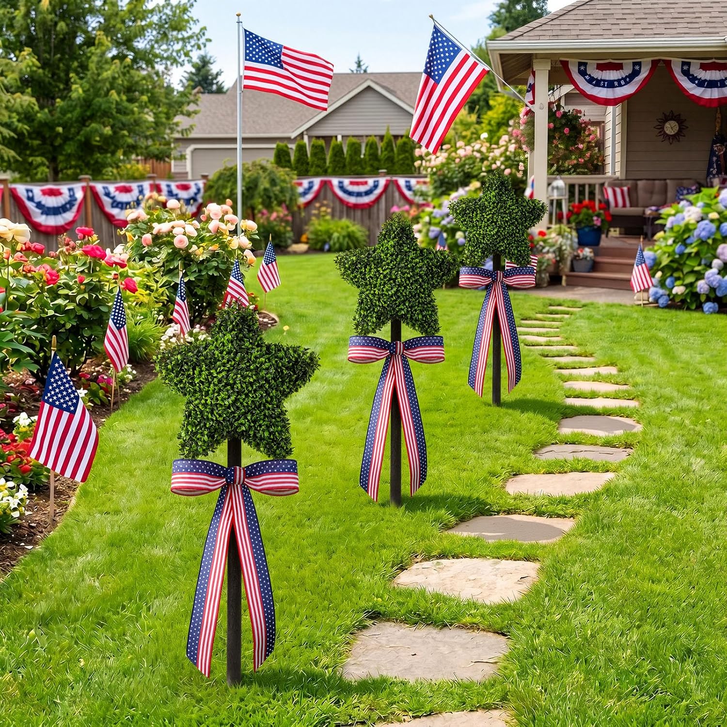 2 Pack Patriotic Star Topiary Tree 21.6"-32.6'' Large Star Shaped Artificial Plant Decor for Indoor and Outdoor Patriotic 4th of July Memorial Day Garden Porch Yard Decorations