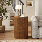 Solid Wood Round Side Table with Storage, No-Assembly Fluted End Table with 4 Wheels, Wooden Nightstand for Small Spaces, Living Room, Bedroom (Fully Assembled)