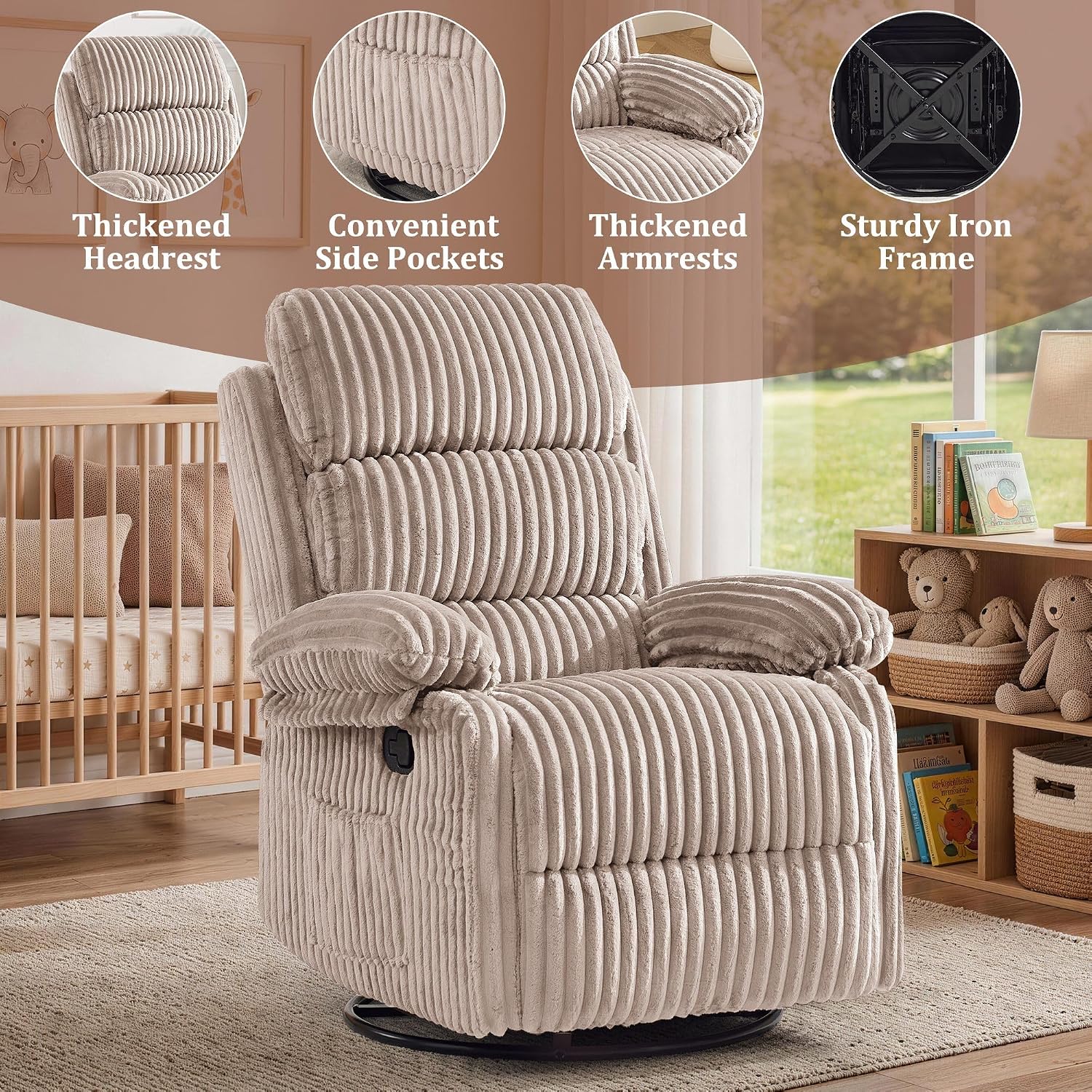 Korser Rocking Recliner Chair, Nursery Rocker Chair for Adults, Small Recliners for Small Spaces, Swivel Rocker Recliner with Cushion, Upholstered Rocking Chairs for Living Room, RV, Chenille