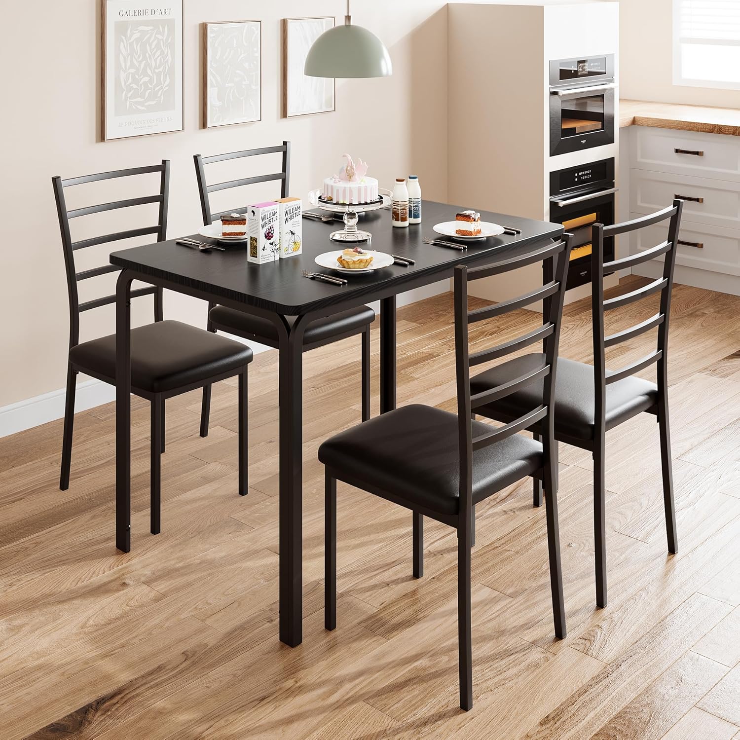 GarveeHome 5-Piece Kitchen Dining Room Table Chair Set for Small Space, Indoor Modern Dinette Set for 4, Square Dinner Table Set for Dinette (Black, Dining Table with 4 Chairs)