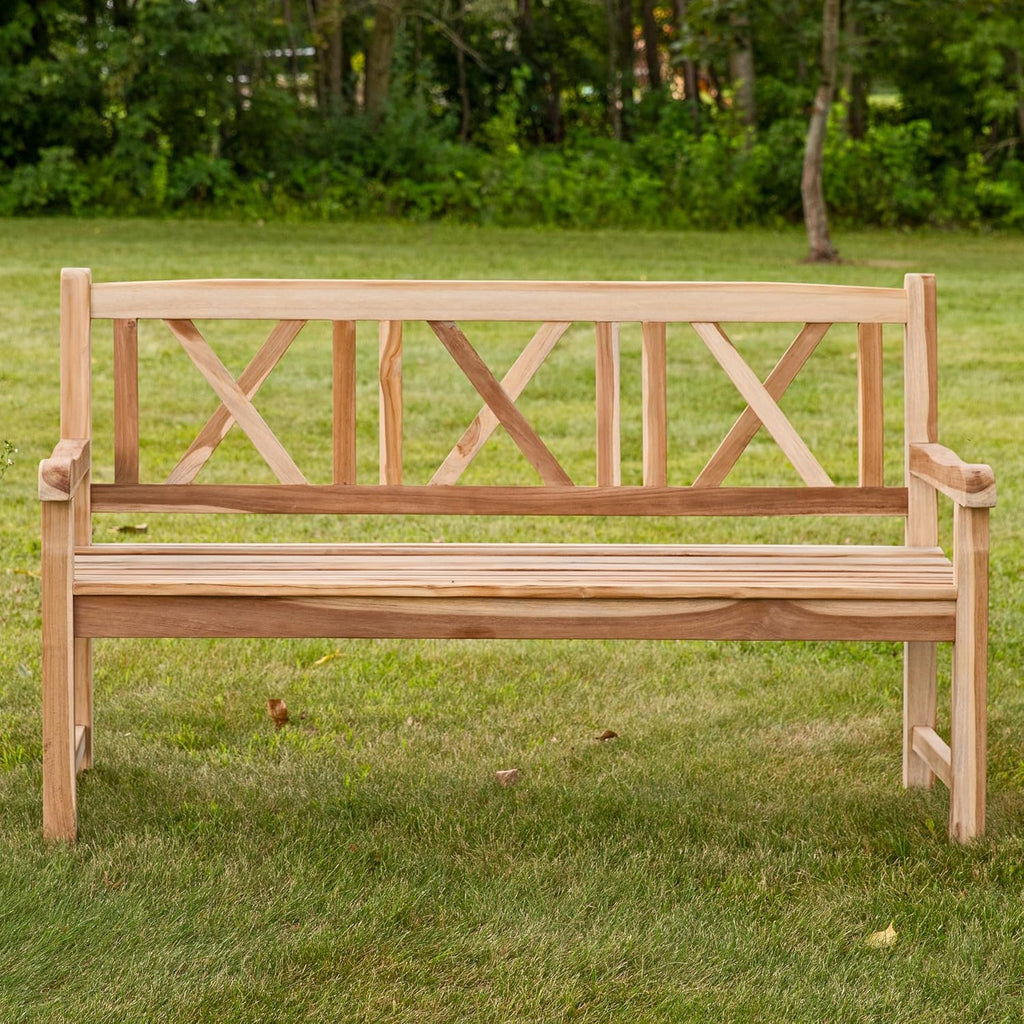Sunnydaze 2-Person Outdoor Bench for Front Porch or Park - Wooden Teak Patio Garden Bench with Backrest - 675 lb Weight Capacity - Crossback