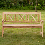 Sunnydaze 2-Person Outdoor Bench for Front Porch or Park - Wooden Teak Patio Garden Bench with Backrest - 675 lb Weight Capacity - Crossback